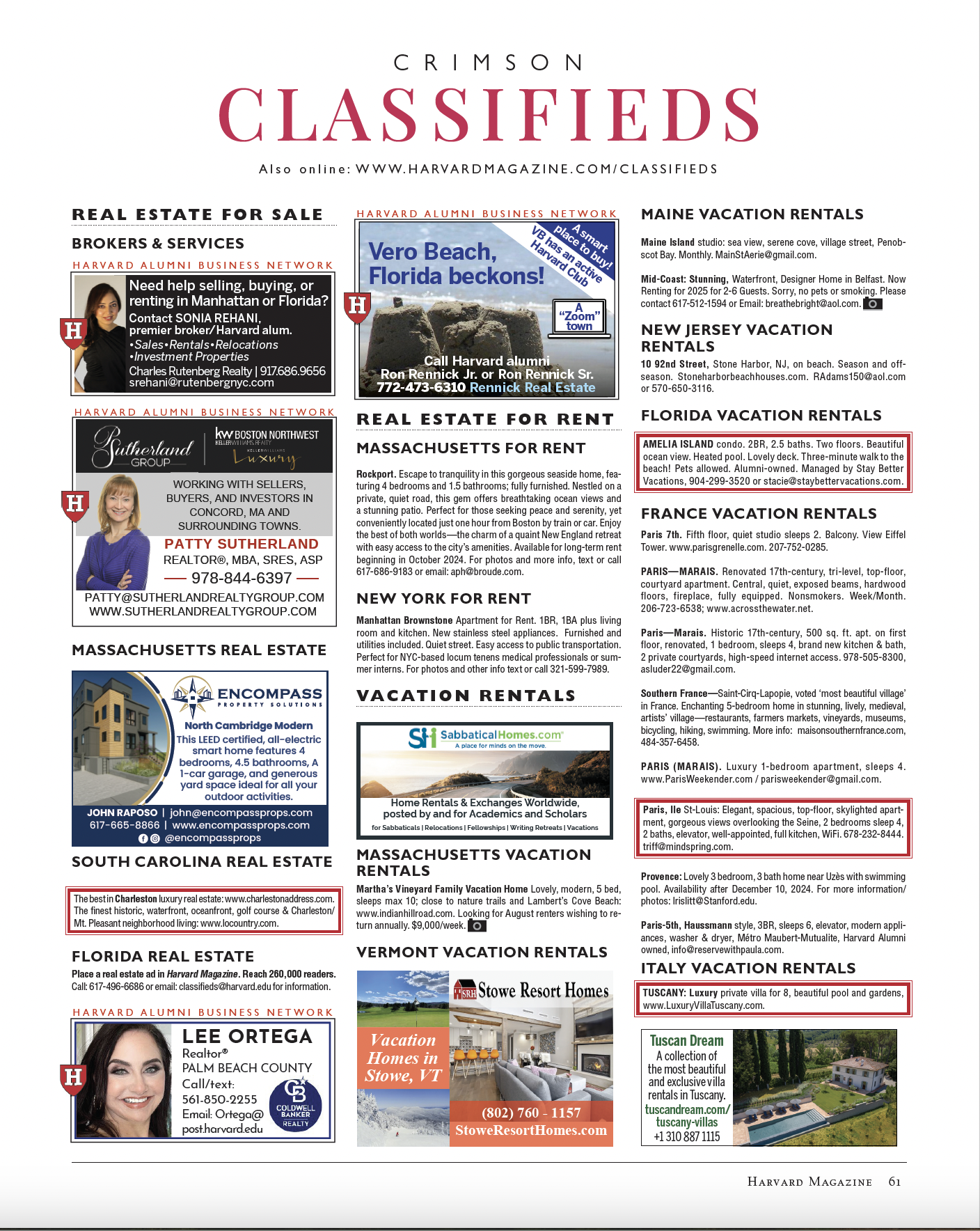 Front page of November-December 2024 classifieds section in Harvard Magazine